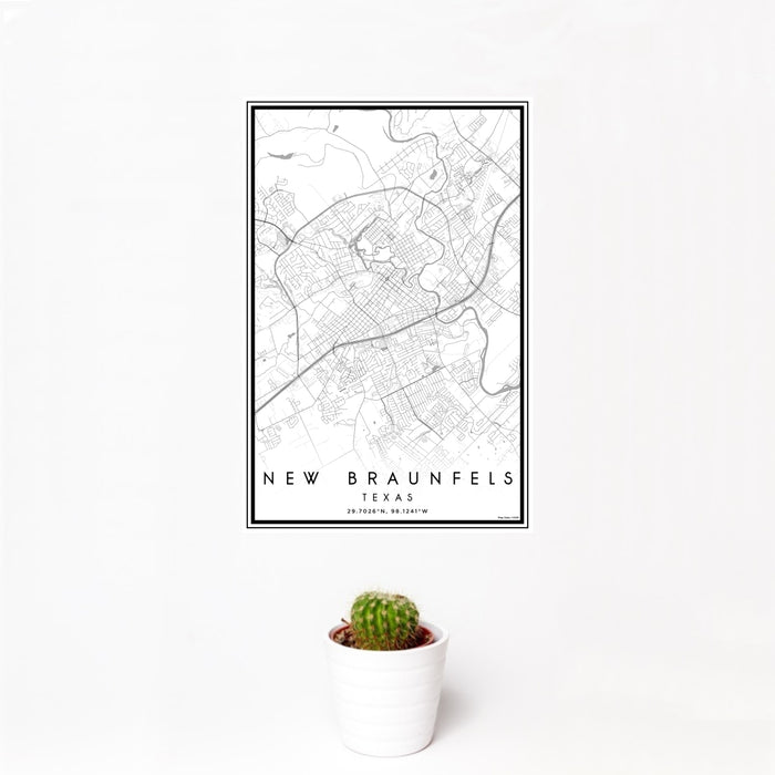 12x18 New Braunfels Texas Map Print Portrait Orientation in Classic Style With Small Cactus Plant in White Planter