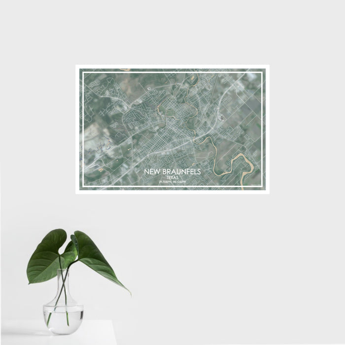 16x24 New Braunfels Texas Map Print Landscape Orientation in Afternoon Style With Tropical Plant Leaves in Water