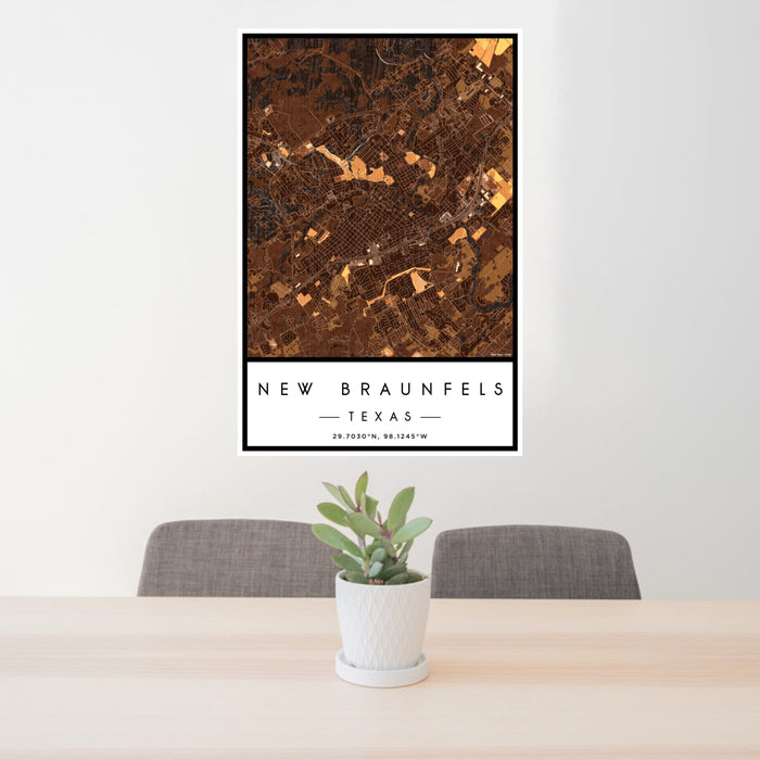 24x36 New Braunfels Texas Map Print Portrait Orientation in Ember Style Behind 2 Chairs Table and Potted Plant