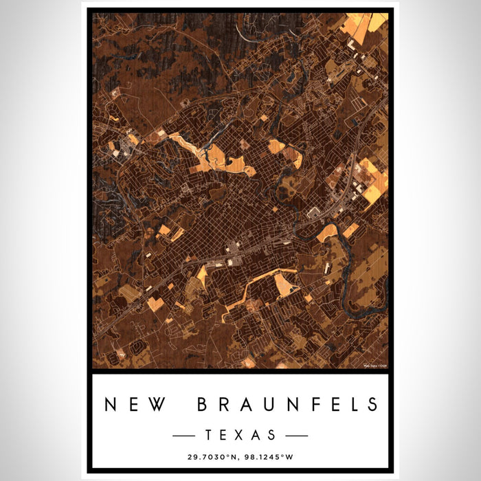 New Braunfels Texas Map Print Portrait Orientation in Ember Style With Shaded Background