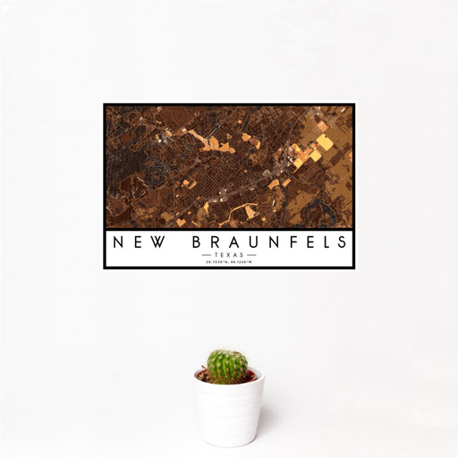 12x18 New Braunfels Texas Map Print Landscape Orientation in Ember Style With Small Cactus Plant in White Planter