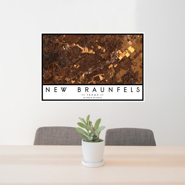 24x36 New Braunfels Texas Map Print Landscape Orientation in Ember Style Behind 2 Chairs Table and Potted Plant