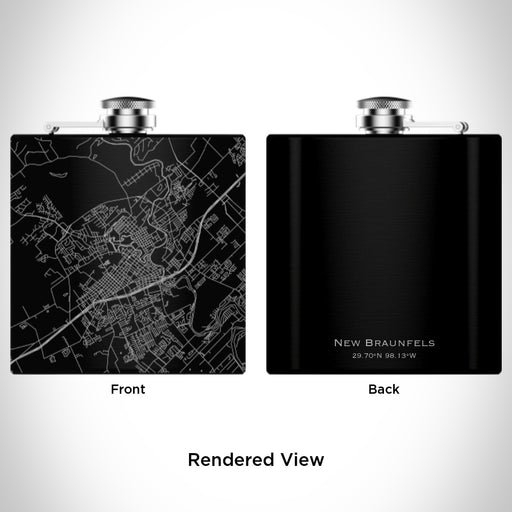 Rendered View of New Braunfels Texas Map Engraving on 6oz Stainless Steel Flask in Black