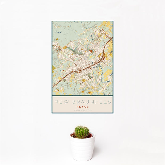 12x18 New Braunfels Texas Map Print Portrait Orientation in Woodblock Style With Small Cactus Plant in White Planter