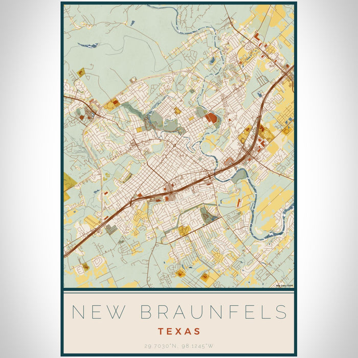 New Braunfels Texas Map Print Portrait Orientation in Woodblock Style With Shaded Background