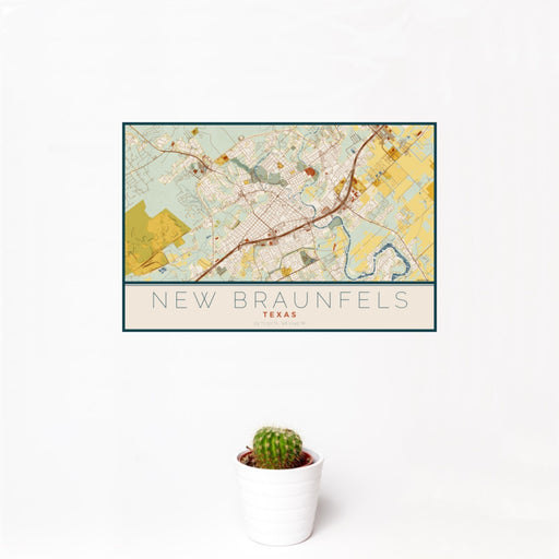 12x18 New Braunfels Texas Map Print Landscape Orientation in Woodblock Style With Small Cactus Plant in White Planter
