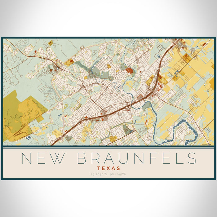 New Braunfels Texas Map Print Landscape Orientation in Woodblock Style With Shaded Background