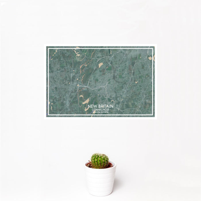 12x18 New Britain Connecticut Map Print Landscape Orientation in Afternoon Style With Small Cactus Plant in White Planter
