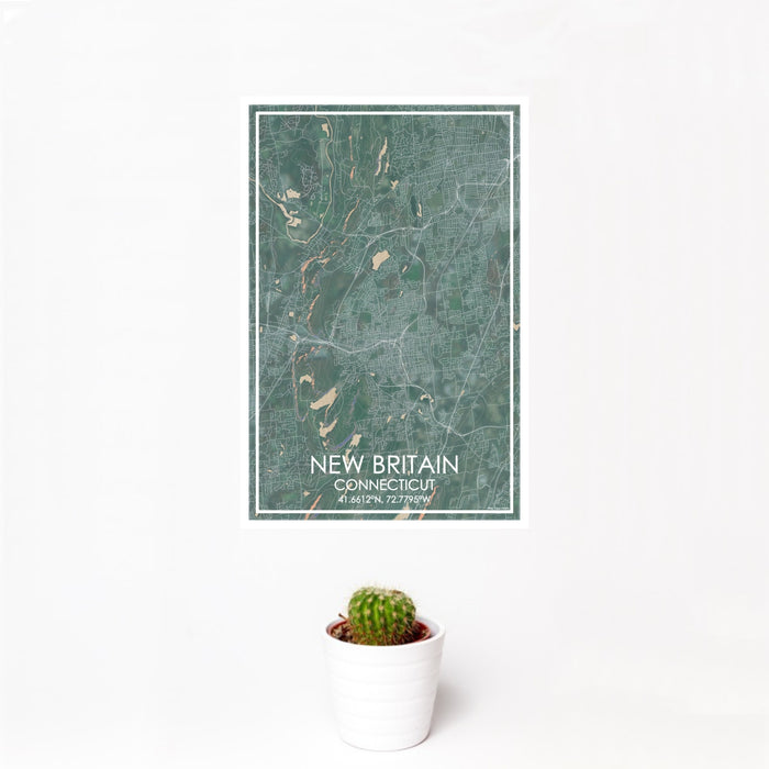 12x18 New Britain Connecticut Map Print Portrait Orientation in Afternoon Style With Small Cactus Plant in White Planter