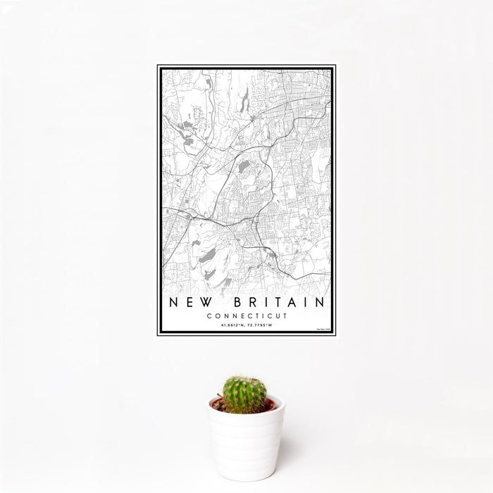 12x18 New Britain Connecticut Map Print Portrait Orientation in Classic Style With Small Cactus Plant in White Planter