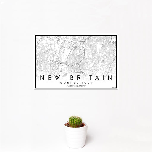 12x18 New Britain Connecticut Map Print Landscape Orientation in Classic Style With Small Cactus Plant in White Planter