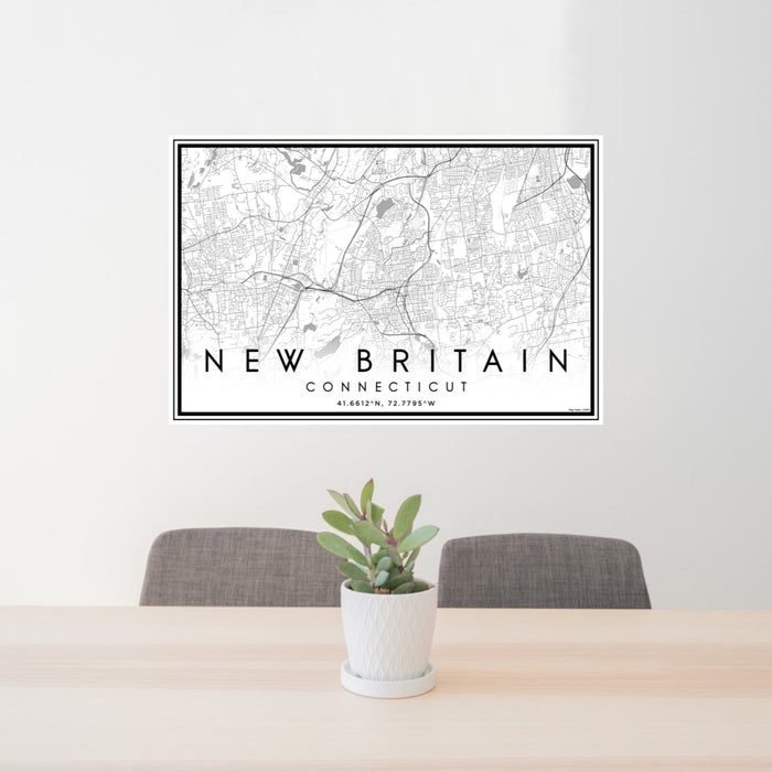 24x36 New Britain Connecticut Map Print Landscape Orientation in Classic Style Behind 2 Chairs Table and Potted Plant