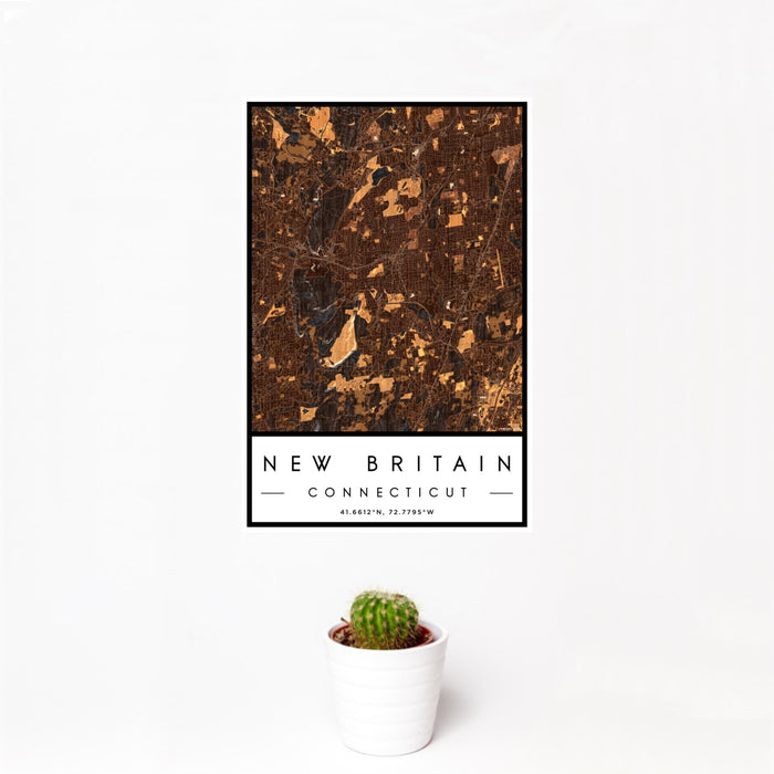 12x18 New Britain Connecticut Map Print Portrait Orientation in Ember Style With Small Cactus Plant in White Planter