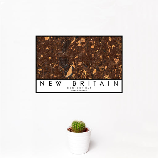 12x18 New Britain Connecticut Map Print Landscape Orientation in Ember Style With Small Cactus Plant in White Planter