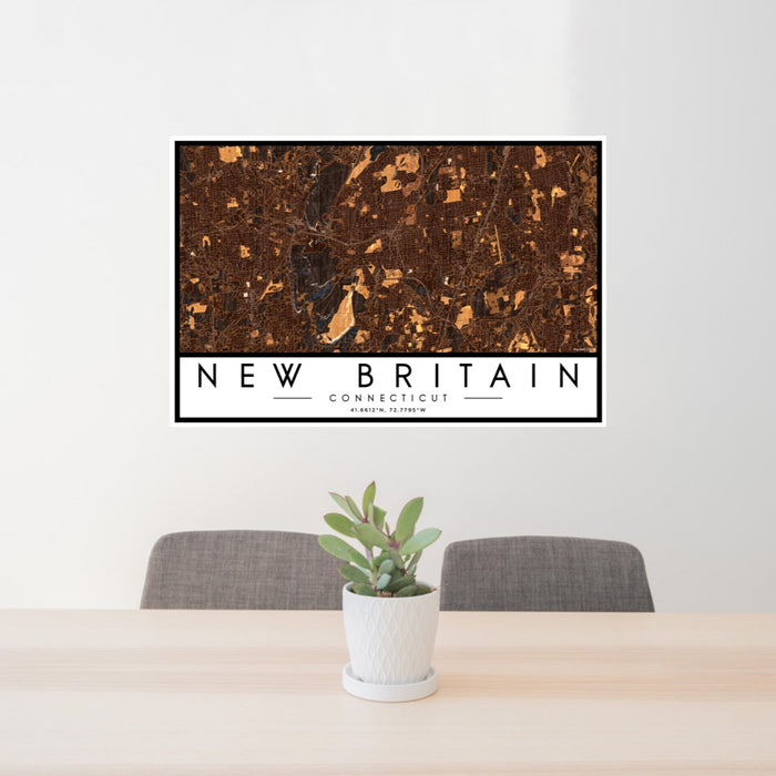 24x36 New Britain Connecticut Map Print Landscape Orientation in Ember Style Behind 2 Chairs Table and Potted Plant