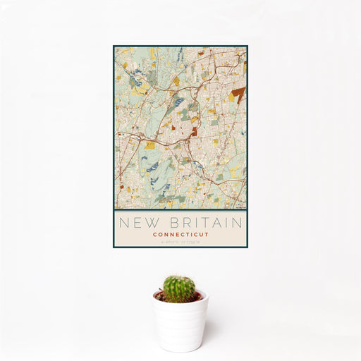 12x18 New Britain Connecticut Map Print Portrait Orientation in Woodblock Style With Small Cactus Plant in White Planter