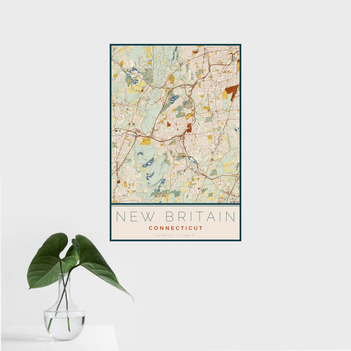 16x24 New Britain Connecticut Map Print Portrait Orientation in Woodblock Style With Tropical Plant Leaves in Water