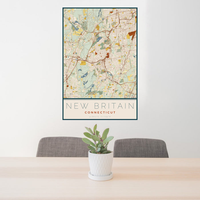 24x36 New Britain Connecticut Map Print Portrait Orientation in Woodblock Style Behind 2 Chairs Table and Potted Plant