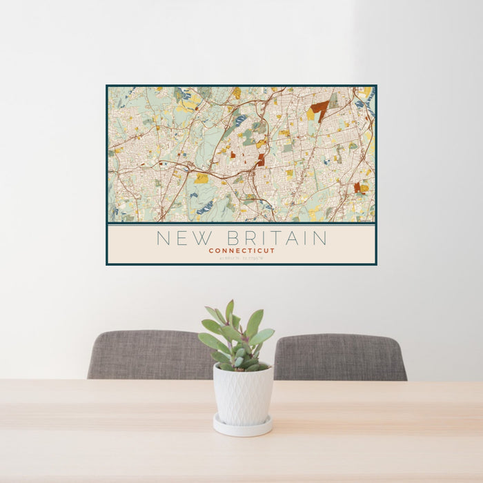24x36 New Britain Connecticut Map Print Landscape Orientation in Woodblock Style Behind 2 Chairs Table and Potted Plant