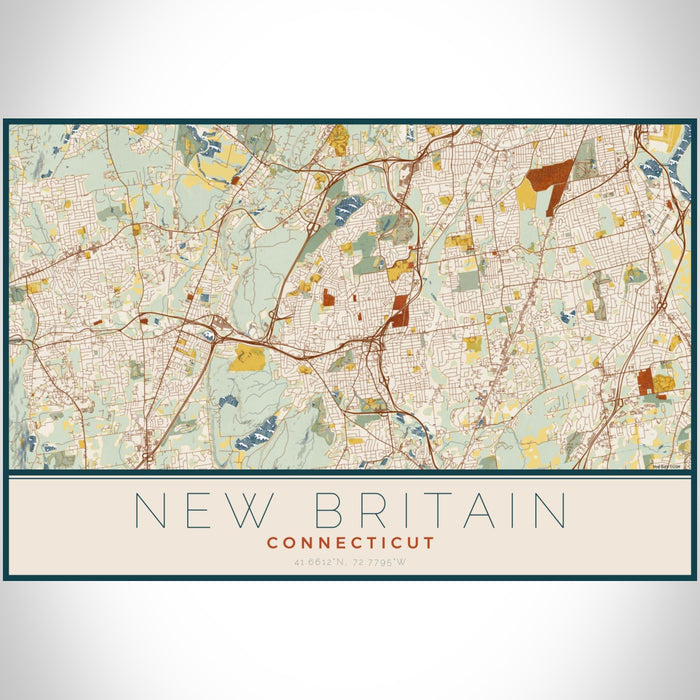 New Britain Connecticut Map Print Landscape Orientation in Woodblock Style With Shaded Background