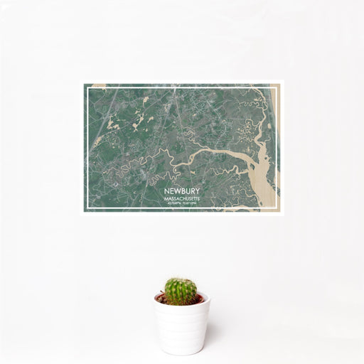 12x18 Newbury Massachusetts Map Print Landscape Orientation in Afternoon Style With Small Cactus Plant in White Planter