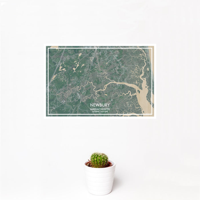 12x18 Newbury Massachusetts Map Print Landscape Orientation in Afternoon Style With Small Cactus Plant in White Planter