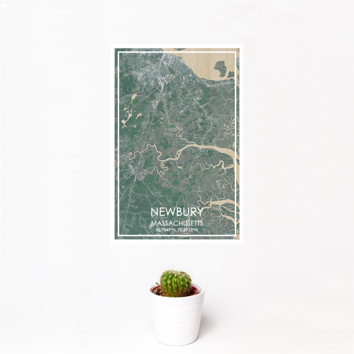 12x18 Newbury Massachusetts Map Print Portrait Orientation in Afternoon Style With Small Cactus Plant in White Planter