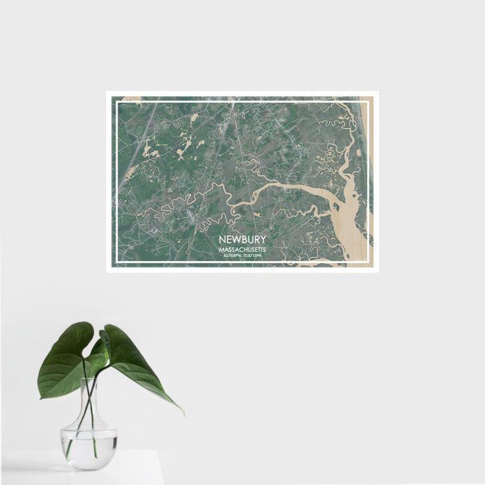 16x24 Newbury Massachusetts Map Print Landscape Orientation in Afternoon Style With Tropical Plant Leaves in Water