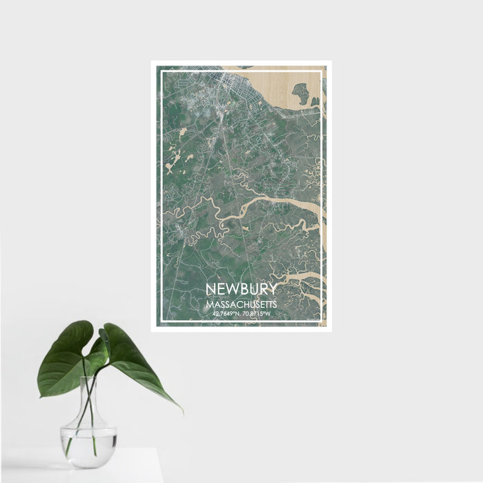 16x24 Newbury Massachusetts Map Print Portrait Orientation in Afternoon Style With Tropical Plant Leaves in Water