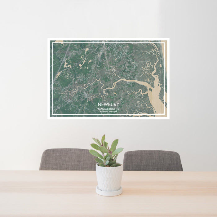 24x36 Newbury Massachusetts Map Print Lanscape Orientation in Afternoon Style Behind 2 Chairs Table and Potted Plant