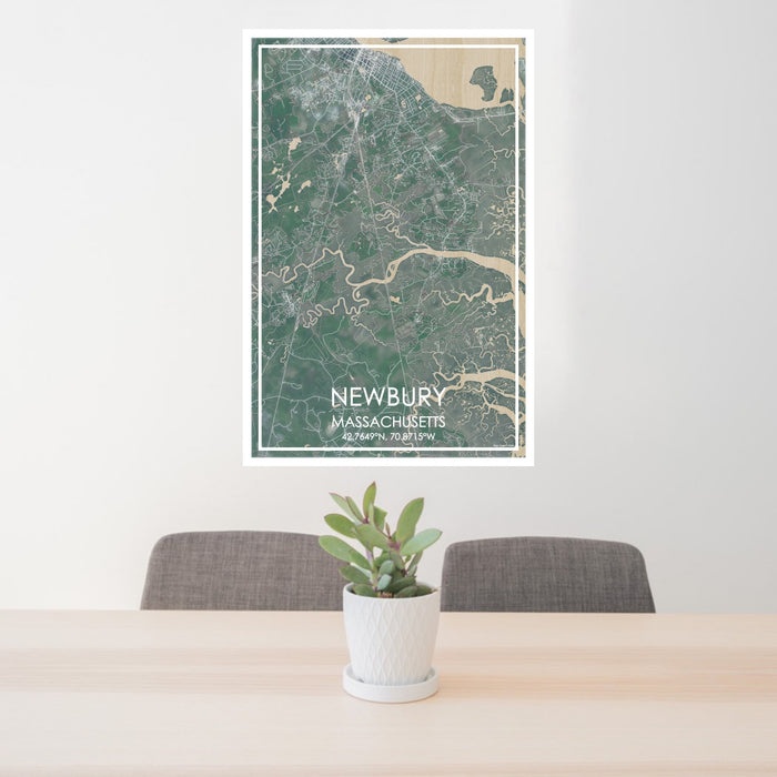 24x36 Newbury Massachusetts Map Print Portrait Orientation in Afternoon Style Behind 2 Chairs Table and Potted Plant
