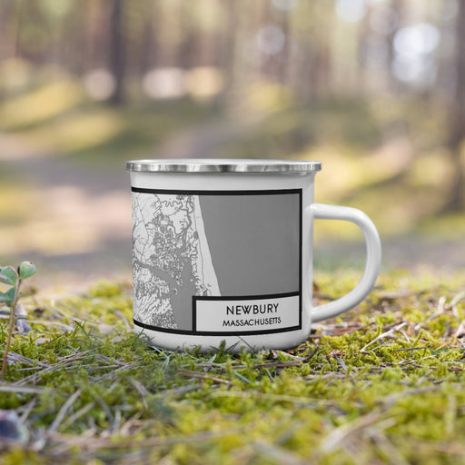 Right View Custom Newbury Massachusetts Map Enamel Mug in Classic on Grass With Trees in Background