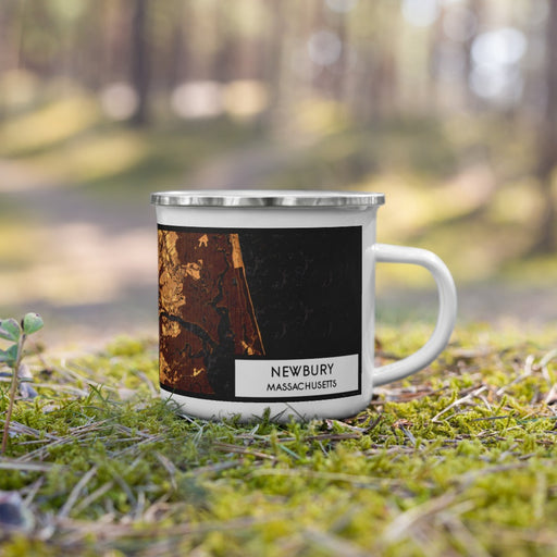 Right View Custom Newbury Massachusetts Map Enamel Mug in Ember on Grass With Trees in Background