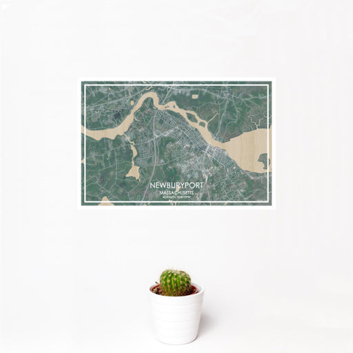 12x18 Newburyport Massachusetts Map Print Landscape Orientation in Afternoon Style With Small Cactus Plant in White Planter