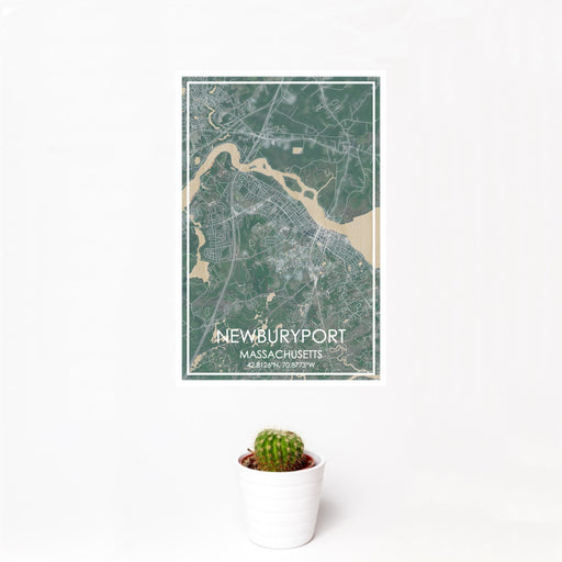 12x18 Newburyport Massachusetts Map Print Portrait Orientation in Afternoon Style With Small Cactus Plant in White Planter