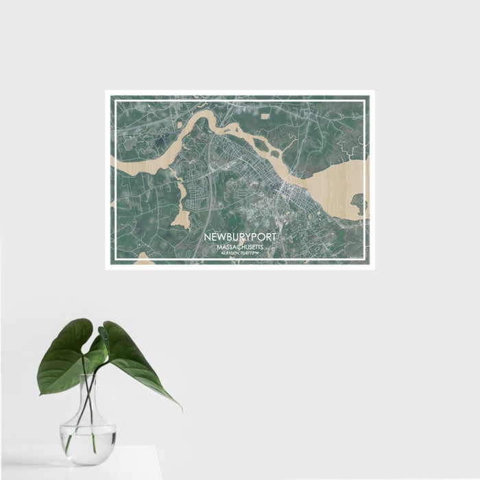 16x24 Newburyport Massachusetts Map Print Landscape Orientation in Afternoon Style With Tropical Plant Leaves in Water