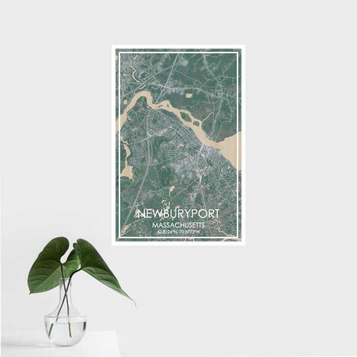 16x24 Newburyport Massachusetts Map Print Portrait Orientation in Afternoon Style With Tropical Plant Leaves in Water