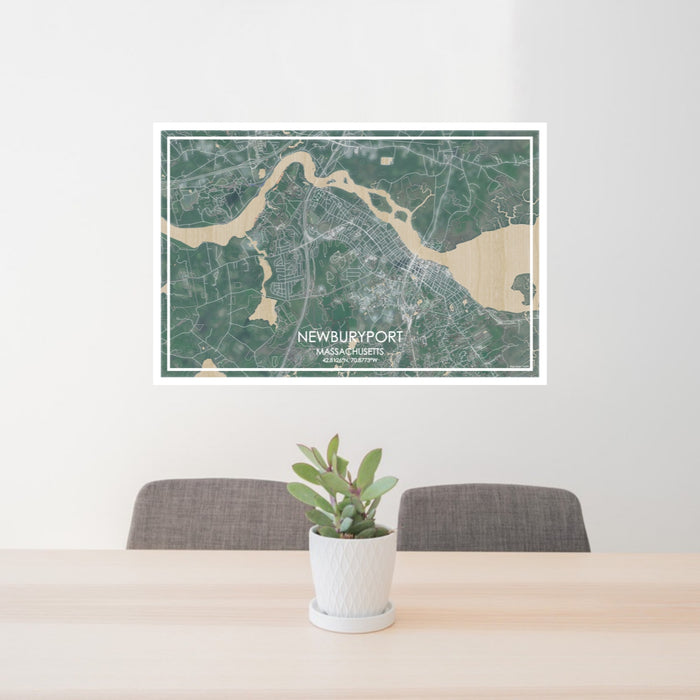24x36 Newburyport Massachusetts Map Print Lanscape Orientation in Afternoon Style Behind 2 Chairs Table and Potted Plant
