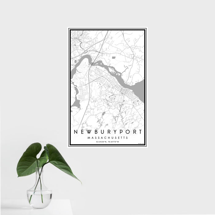 16x24 Newburyport Massachusetts Map Print Portrait Orientation in Classic Style With Tropical Plant Leaves in Water