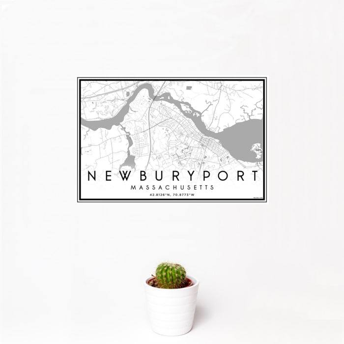 12x18 Newburyport Massachusetts Map Print Landscape Orientation in Classic Style With Small Cactus Plant in White Planter