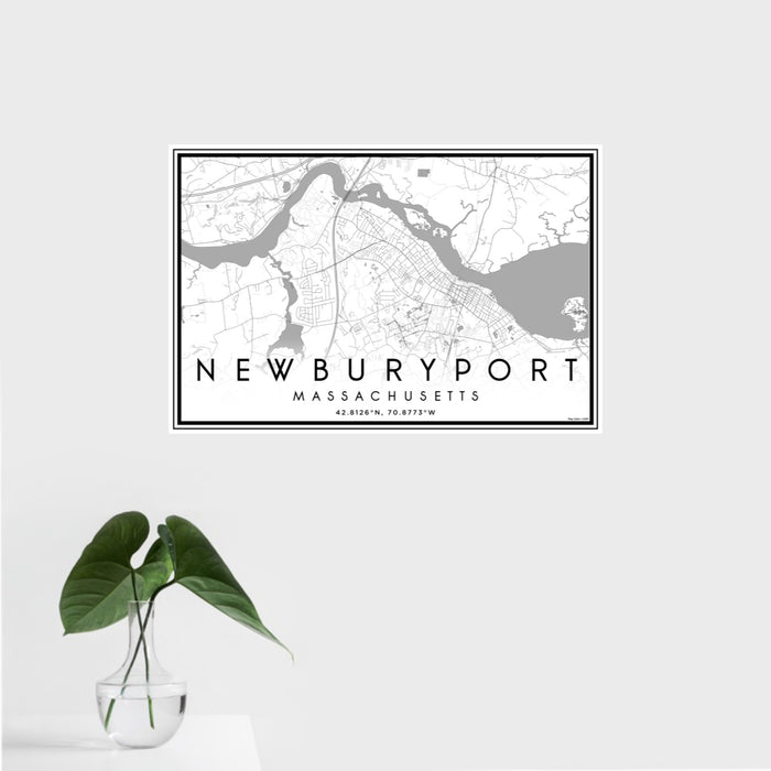 16x24 Newburyport Massachusetts Map Print Landscape Orientation in Classic Style With Tropical Plant Leaves in Water