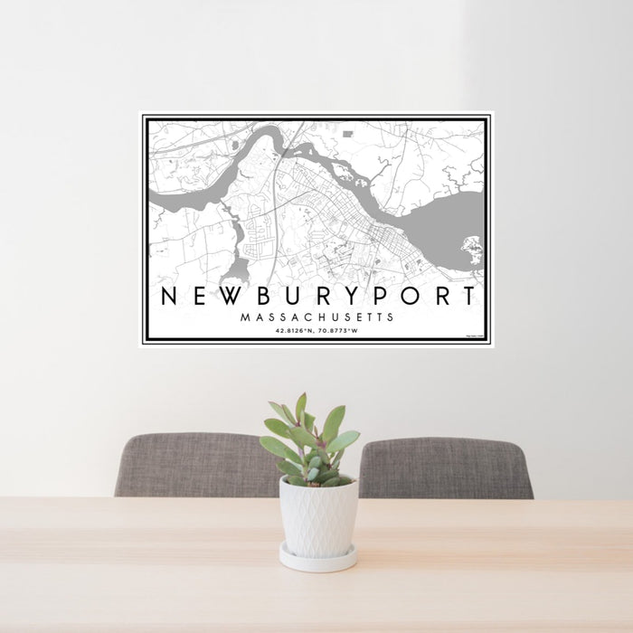 24x36 Newburyport Massachusetts Map Print Landscape Orientation in Classic Style Behind 2 Chairs Table and Potted Plant