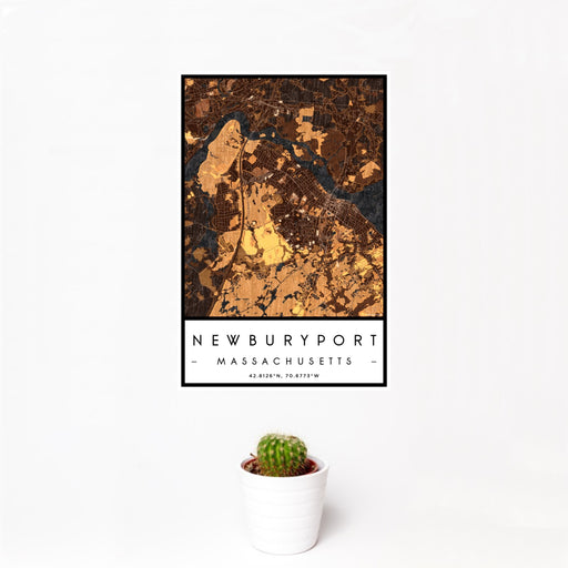 12x18 Newburyport Massachusetts Map Print Portrait Orientation in Ember Style With Small Cactus Plant in White Planter