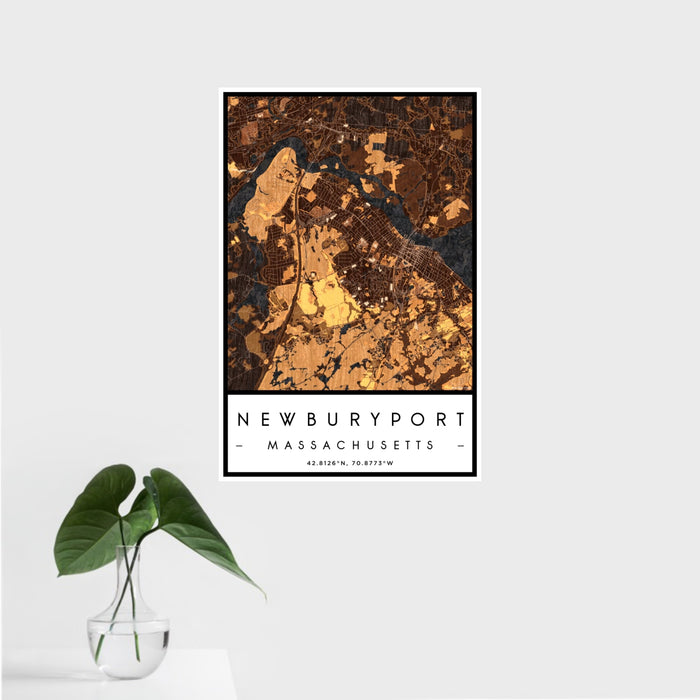 16x24 Newburyport Massachusetts Map Print Portrait Orientation in Ember Style With Tropical Plant Leaves in Water