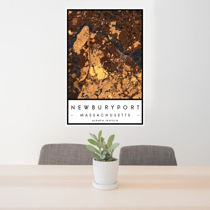24x36 Newburyport Massachusetts Map Print Portrait Orientation in Ember Style Behind 2 Chairs Table and Potted Plant