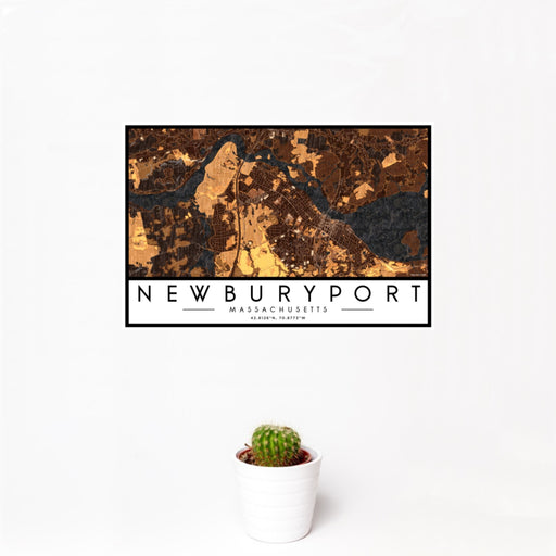 12x18 Newburyport Massachusetts Map Print Landscape Orientation in Ember Style With Small Cactus Plant in White Planter