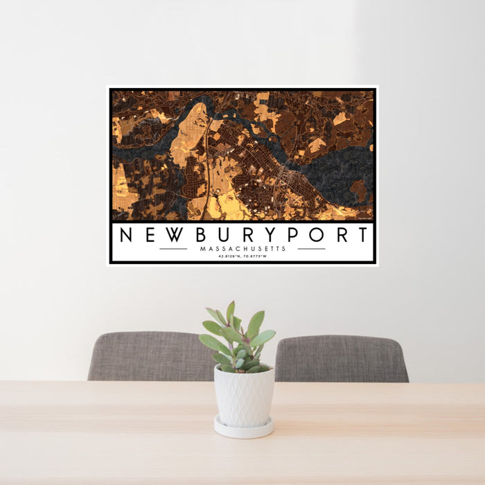 24x36 Newburyport Massachusetts Map Print Landscape Orientation in Ember Style Behind 2 Chairs Table and Potted Plant