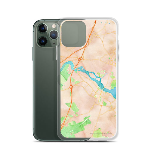 Custom Newburyport Massachusetts Map Phone Case in Watercolor on Table with Laptop and Plant