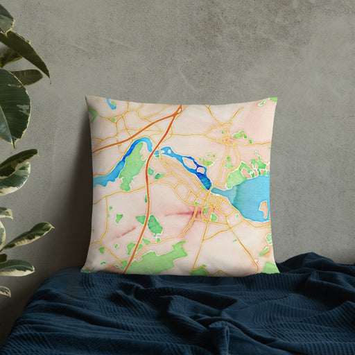 Custom Newburyport Massachusetts Map Throw Pillow in Watercolor on Bedding Against Wall