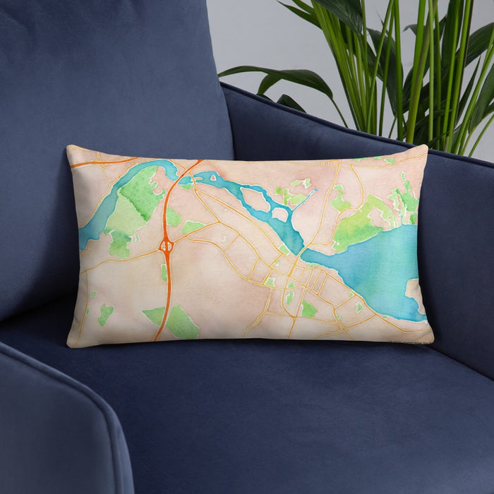 Custom Newburyport Massachusetts Map Throw Pillow in Watercolor on Blue Colored Chair